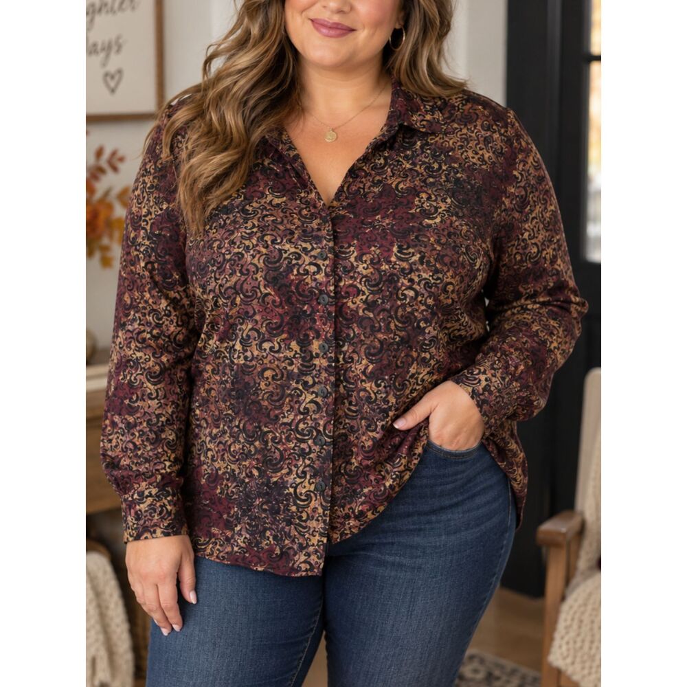 CJ Banks 2X Paisley Scroll Button Front Shirt Shacket Boho Fall Plus